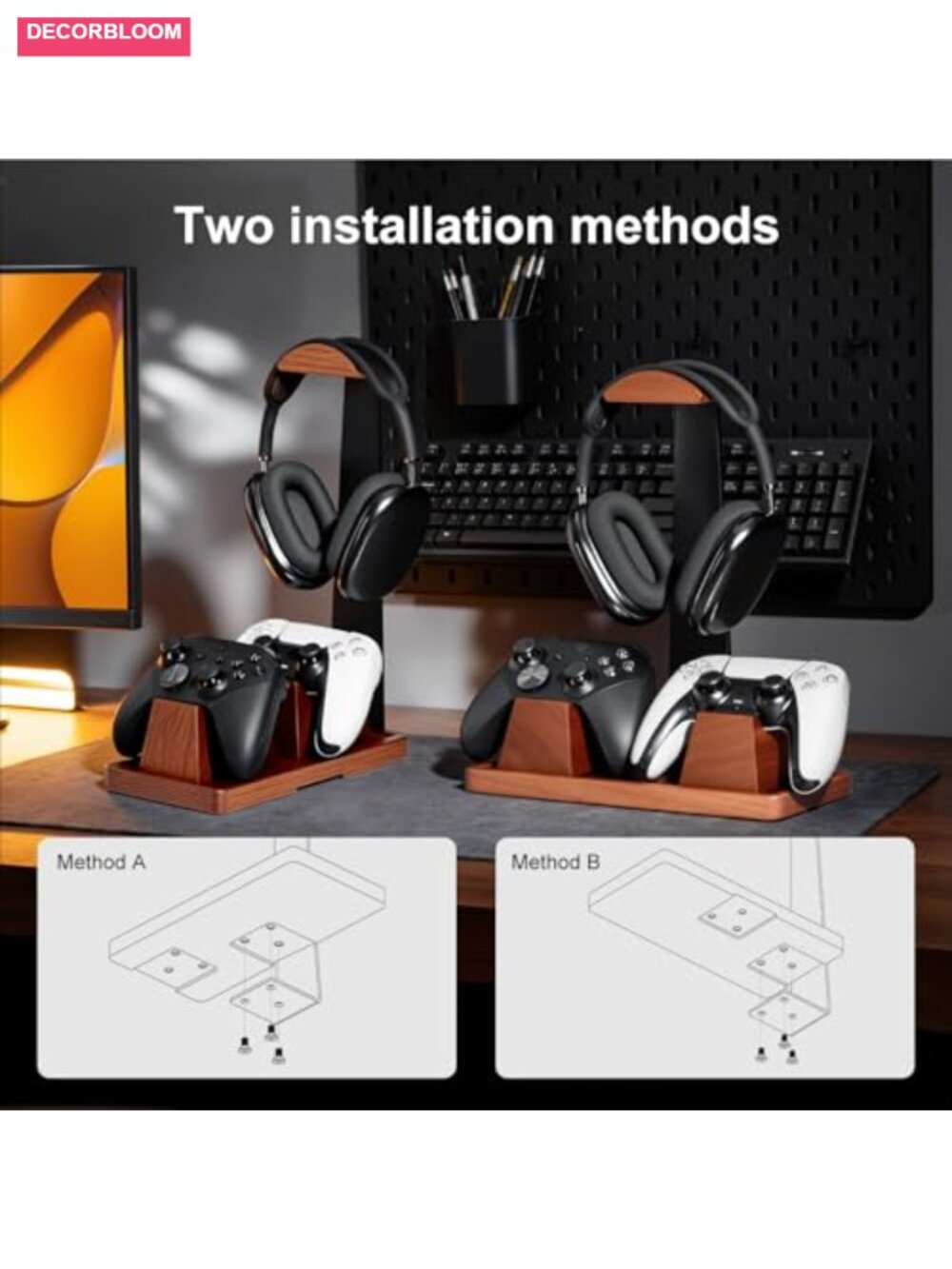 Solid Wood Gaming Headset Stand with Dual Controller Holders Desk Organizer - Picture 5 of 6